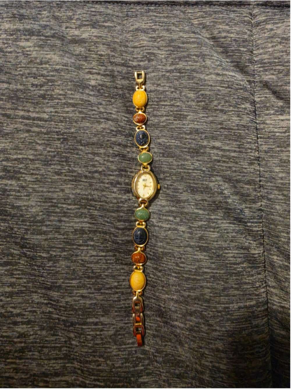 Gruen II GRT377 Scarab Gemstone Bracelet Watch Multicolor Gold Tone Works